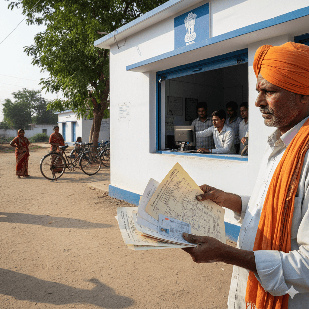 ખેડૂત e-Gram/VLE સેન્ટર પર કૃષિ રાહત પેકેજ માટે અરજી કરાવતા દેખાય છે